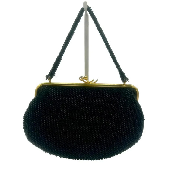 Vintage Beaded Handbag Purse Black Gold Hardware Kiss Lock Closure Evening Event - Picture 1 of 9